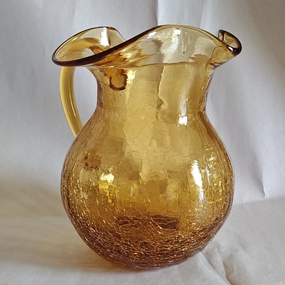 Rainbow Amber Crackle Glass Pitcher and Vase Set Ruffled‎ Rim Vintage Decor 6.5